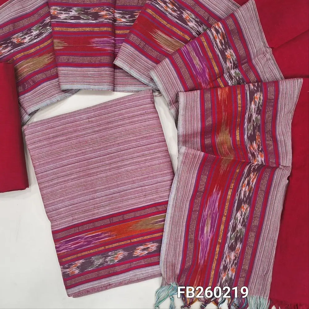 Printed pastel Pink south handloom cotton unstitched salwar material (lining needed) ikat woven bonders on daman, red handloom cotton bottom, dual shaded handloom cotton dupatta with ikat borders & tassels. FB260219