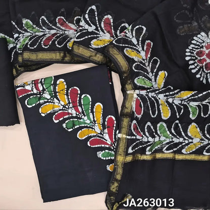 Premium wax batik Black modal cotton unstitched salwar material (lining needed) orginal wax batik design, matching silk cotton bottom, wax batik dyed chanderi silk cotton dupatta(TAPING NEEDED). JA263013