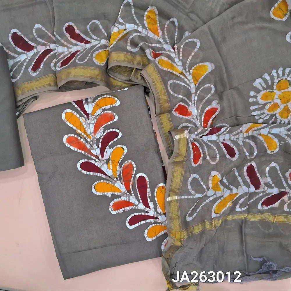 Premium wax batik light chocolate Brown modal cotton unstitched salwar material (lining needed) orginal wax batik design, matching silk cotton bottom, wax batik dyed chanderi silk cotton dupatta(TAPING NEEDED). JA263012