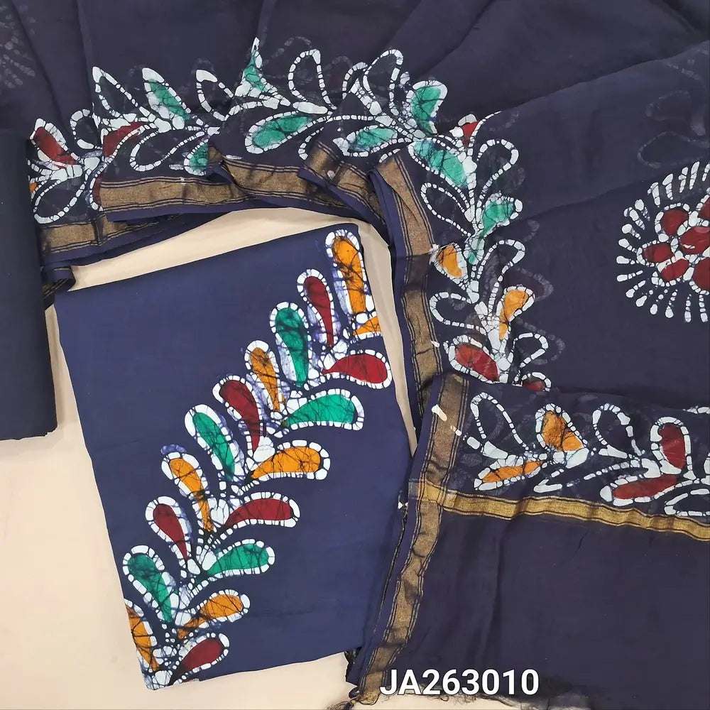 Premium wax batik dark Blue modal cotton unstitched salwar material (lining needed) orginal wax batik design, deep blue silk cotton bottom, wax batik dyed deep blue chanderi silk cotton dupatta(TAPING NEEDED). JA263010