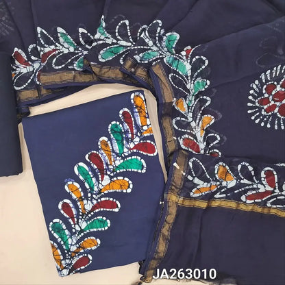 Premium wax batik dark Blue modal cotton unstitched salwar material (lining needed) orginal wax batik design, deep blue silk cotton bottom, wax batik dyed deep blue chanderi silk cotton dupatta(TAPING NEEDED). JA263010