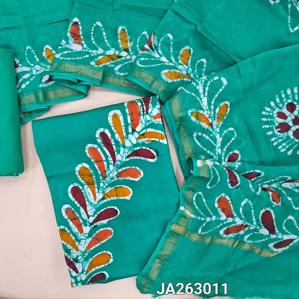 Premium wax batik turquoise Green modal cotton unstitched salwar material (lining needed) orginal wax batik design, matching silk cotton bottom, wax batik dyed chanderi silk cotton dupatta(TAPING NEEDED). JA263011