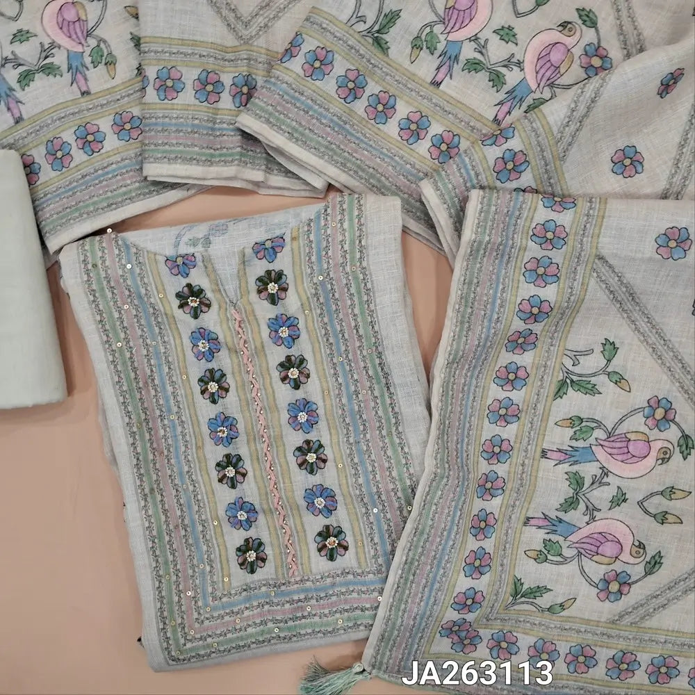 Designer pale Grey printed pure linen unstitched salwar material(textured, lining needed)hand embroidery, sequins work on yoke, printed allover,  matching cotton lining provided, NO BOTTOM, digital printed pure linen dupatta. JA263113