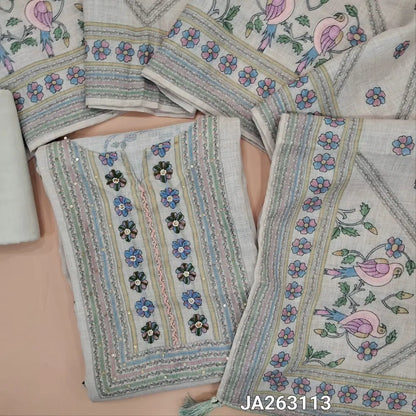 Designer pale Grey printed pure linen unstitched salwar material(textured, lining needed)hand embroidery, sequins work on yoke, printed allover,  matching cotton lining provided, NO BOTTOM, digital printed pure linen dupatta. JA263113