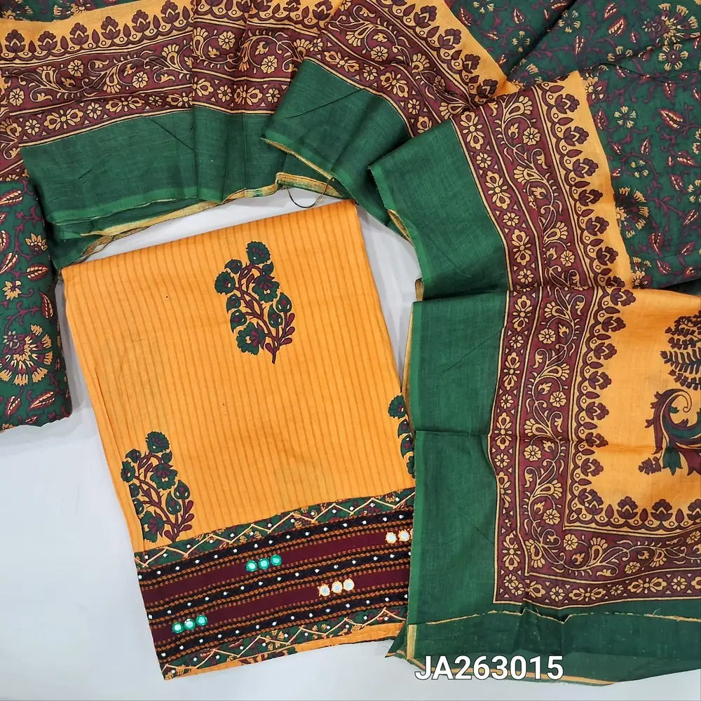 Block Printed mango Yellow soft cotton unstitched salwar material (lining needed) bead, faux mirror work on daman, printed dark green cotton bottom, printed soft mul cotton dupatta(TAPING NEEDED). JA263015