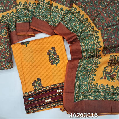 Block Printed mango Yellow soft cotton unstitched salwar material (lining needed) bead, faux mirror work on daman, printed dark brown cotton bottom, printed soft mul cotton dupatta(TAPING NEEDED). JA263016