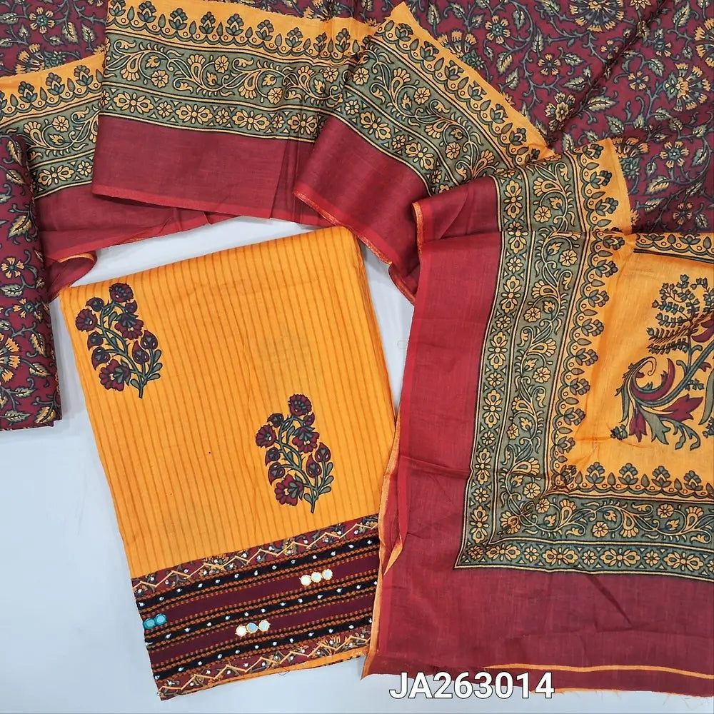 Block Printed mango Yellow soft cotton unstitched salwar material (lining needed) bead, faux mirror work on daman, printed dark maroon cotton bottom, printed soft mul cotton dupatta(TAPING NEEDED). JA263014