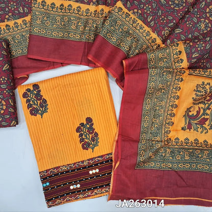 Block Printed mango Yellow soft cotton unstitched salwar material (lining needed) bead, faux mirror work on daman, printed dark maroon cotton bottom, printed soft mul cotton dupatta(TAPING NEEDED). JA263014