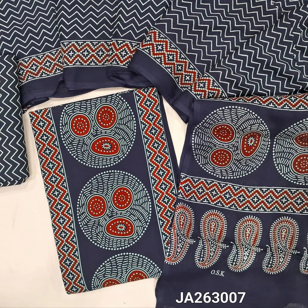 Printed dark Blue rayon fabric unstitched salwar material (lining needed) panel design, printed rayon bottom, printed rayon dupatta (TAPING NEEDED). JA263007
