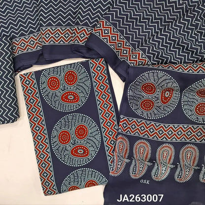 Printed dark Blue rayon fabric unstitched salwar material (lining needed) panel design, printed rayon bottom, printed rayon dupatta (TAPING NEEDED). JA263007