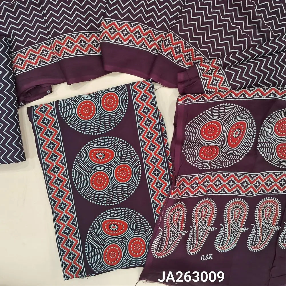 Printed deep wine Purple rayon fabric unstitched salwar material (lining needed) panel design, printed rayon bottom, printed rayon dupatta (TAPING NEEDED). JA263009