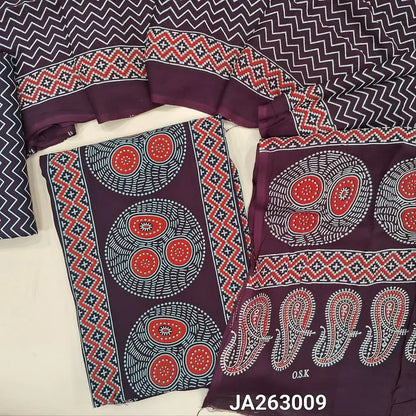 Printed deep wine Purple rayon fabric unstitched salwar material (lining needed) panel design, printed rayon bottom, printed rayon dupatta (TAPING NEEDED). JA263009