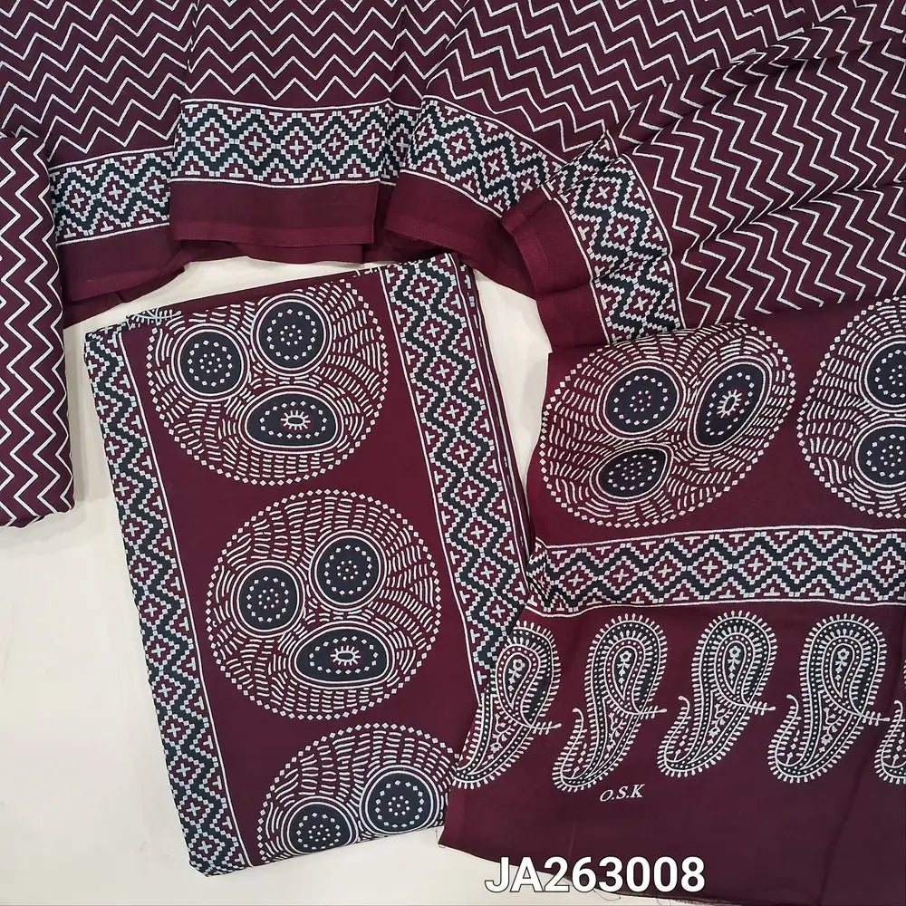 Printed dark Maroon rayon fabric unstitched salwar material (lining needed) panel design, printed rayon bottom, printed rayon dupatta (TAPING NEEDED). JA263008
