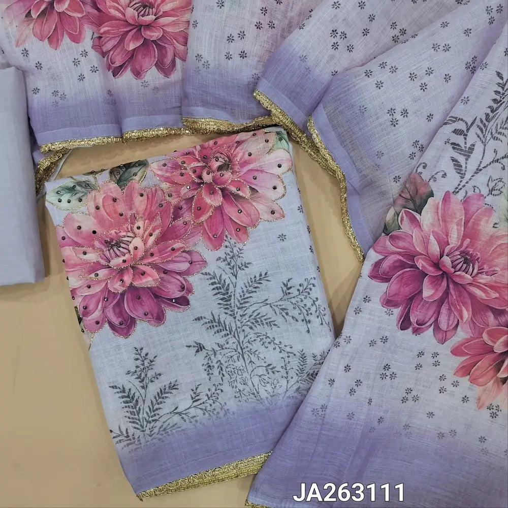 Digital floral printed Lavender premium linen unstitched salwar material(lining needed) sequins,  thread work on front, pale yellow cotton provided for lining or bottom, digital printed premium linen dupatta with lace tapings. JA263111
