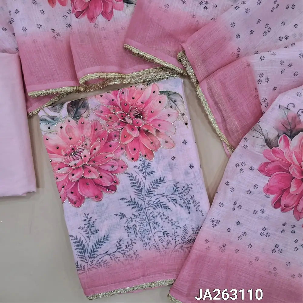 Digital floral printed pastel Pink premium linen unstitched salwar material(lining needed) sequins,  thread work on front, pale yellow cotton provided for lining or bottom, digital printed premium linen dupatta with lace tapings. JA263110
