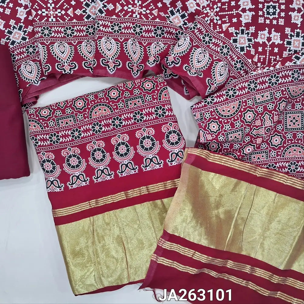Premium patola printed Reddish Maroon taspa silk unstitched salwar material(lining needed) tissue borders on pallu, matching cotton bottom, patola printed taspa silk dupatta with tissue pallu (TAPING NEEDED) JA263101