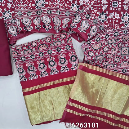 Premium patola printed Reddish Maroon taspa silk unstitched salwar material(lining needed) tissue borders on pallu, matching cotton bottom, patola printed taspa silk dupatta with tissue pallu (TAPING NEEDED) JA263101