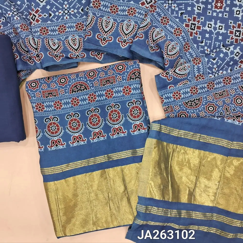Premium patola printed indigo Blue taspa silk unstitched salwar material(lining needed) tissue borders on pallu, matching cotton bottom, patola printed taspa silk dupatta with tissue pallu (TAPING NEEDED) JA263102