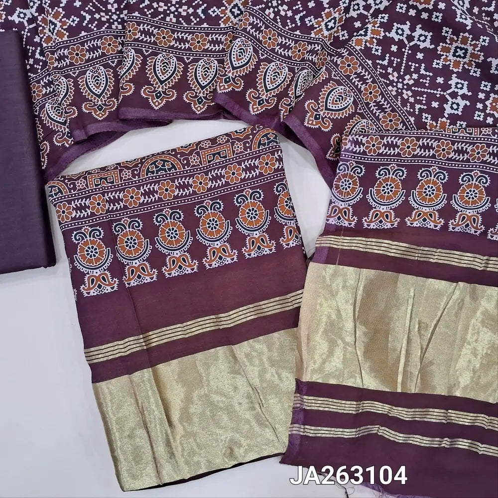Premium patola printed dark Maroon taspa silk unstitched salwar material(lining needed) tissue borders on pallu, matching cotton bottom, patola printed taspa silk dupatta with tissue pallu (TAPING NEEDED) JA263104