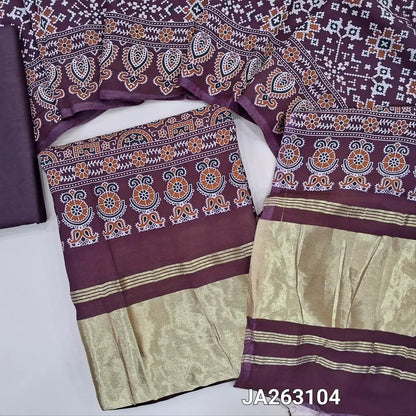 Premium patola printed dark Maroon taspa silk unstitched salwar material(lining needed) tissue borders on pallu, matching cotton bottom, patola printed taspa silk dupatta with tissue pallu (TAPING NEEDED) JA263104