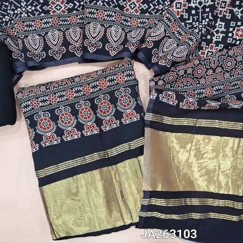 Premium patola printed Black taspa silk unstitched salwar material(lining needed) tissue borders on pallu, matching cotton bottom, patola printed taspa silk dupatta with tissue pallu (TAPING NEEDED) JA263103
