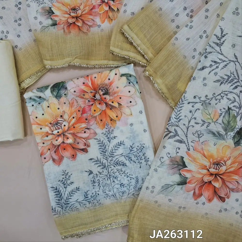 Digital floral printed half White & pale yellow premium linen unstitched salwar material(lining needed) sequins,  thread work on front, pale yellow cotton provided for lining or bottom, digital printed premium linen dupatta with lace tapings. JA263112