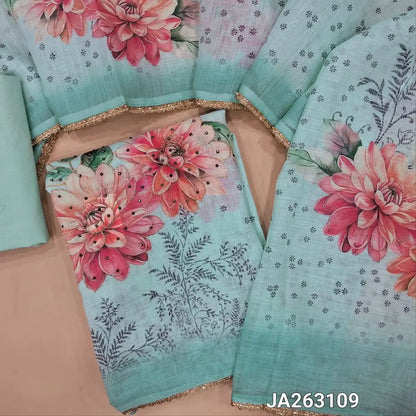 Digital floral printed pastel Blue premium linen unstitched salwar material(lining needed) sequins,  thread work on front, pale yellow cotton provided for lining or bottom, digital printed premium linen dupatta with lace tapings. JA263109