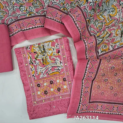 Digital printed Pink semi linen unstitched salwar material (lining needed) zardozi, sequins work on yoke, matching drum dyed cotton provided for lining or bottom, digital printed semi linen dupatta. JA263114