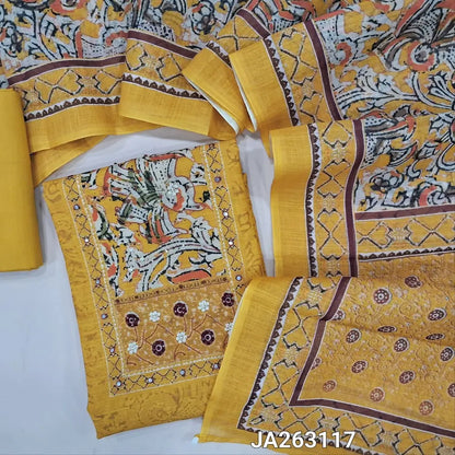 Digital printed mehandhi Yellow semi linen unstitched salwar material (lining needed) zardozi, sequins work on yoke, matching drum dyed cotton provided for lining or bottom, digital printed semi linen dupatta. JA263117