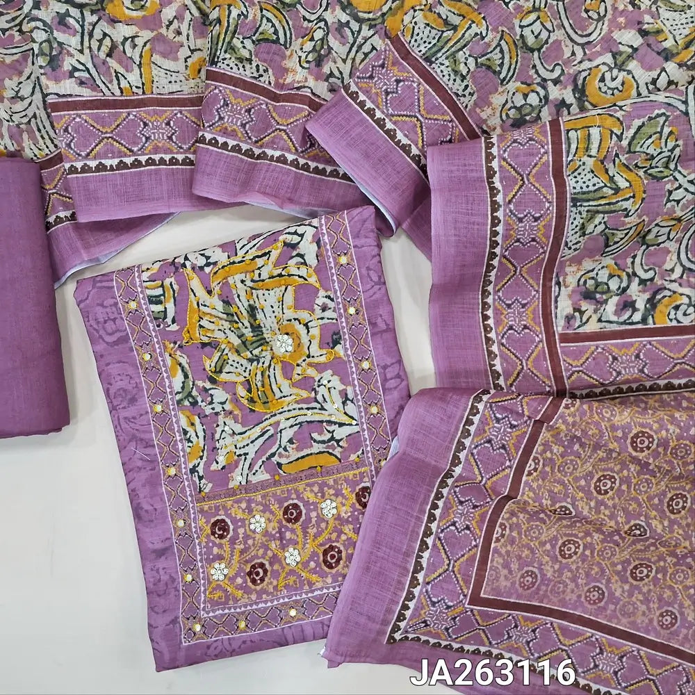 Digital printed Purple semi linen unstitched salwar material (lining needed) zardozi, sequins work on yoke, matching drum dyed cotton provided for lining or bottom, digital printed semi linen dupatta. JA263116