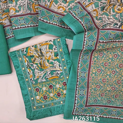 Digital printed teal Green semi linen unstitched salwar material (lining needed) zardozi, sequins work on yoke, matching drum dyed cotton provided for lining or bottom, digital printed semi linen dupatta. JA263115