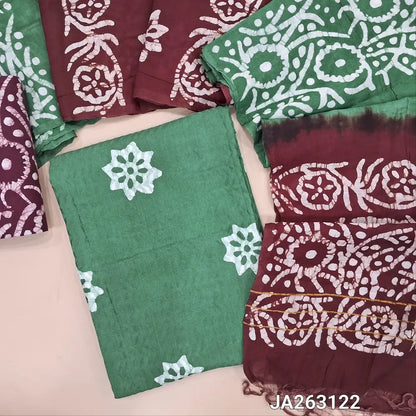 Batik dyed sage Green soft jakard cotton unstitched salwar material (lining needed) batik design allover, batik dyed dark maroon cotton bottom, wax batik dyed dual shaded silk cotton dupatta.(TAPING NEEDED) JA263122