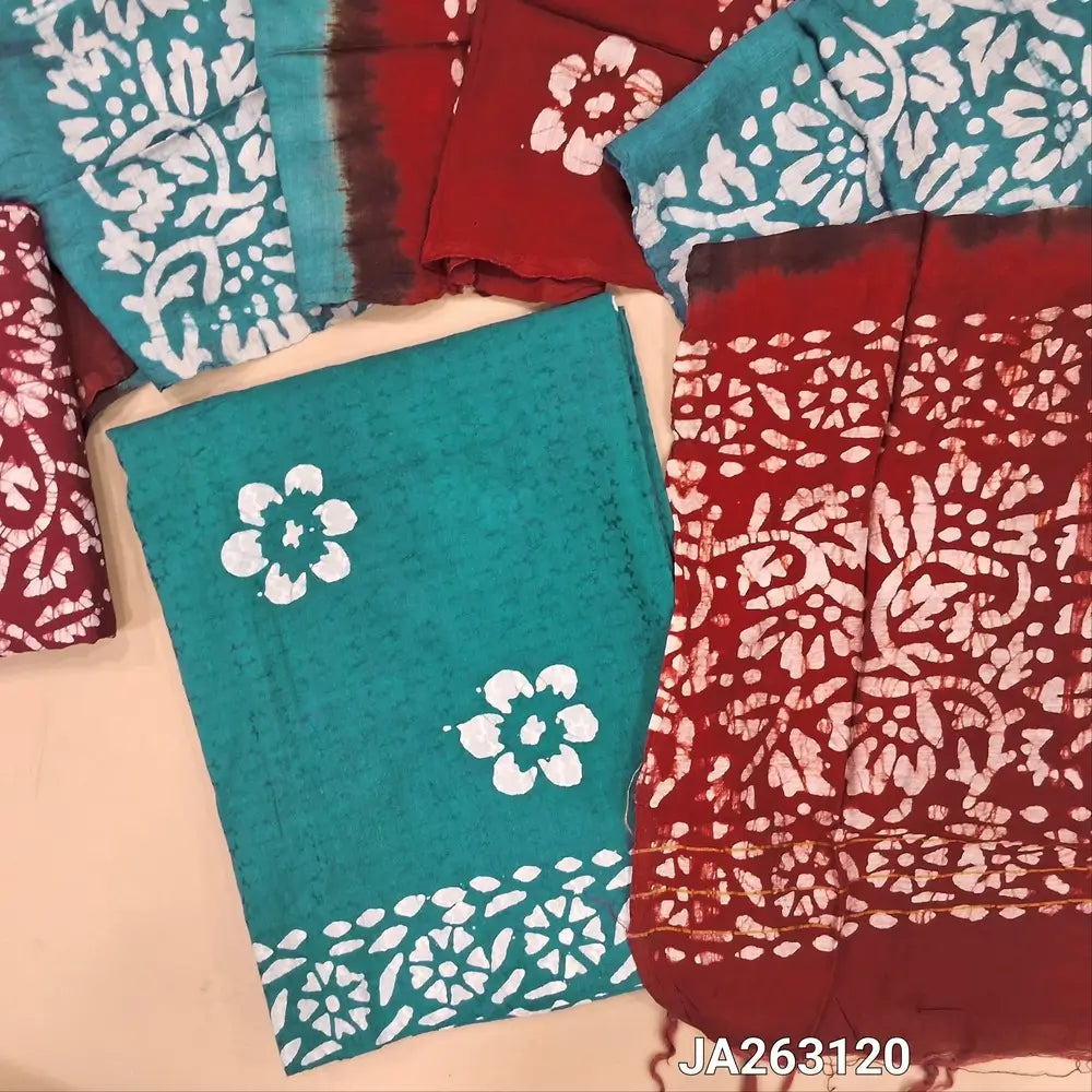 Batik dyed Blueish Grey soft jakard cotton unstitched salwar material (lining needed) batik design allover, batik dyed reddish maroon cotton bottom, wax batik dyed dual shaded silk cotton dupatta.(TAPING NEEDED) JA263120