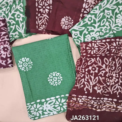 Batik dyed sage Green soft jakard cotton unstitched salwar material (lining needed) batik design allover, batik dyed dark maroon cotton bottom, wax batik dyed dual shaded silk cotton dupatta.(TAPING NEEDED) JA263121