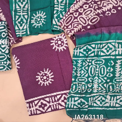 Batik dyed Purple soft jakard cotton unstitched salwar material (lining needed) batik design allover, batik dyed teal blue cotton bottom, wax batik dyed dual shaded silk cotton dupatta.(TAPING NEEDED) JA263118