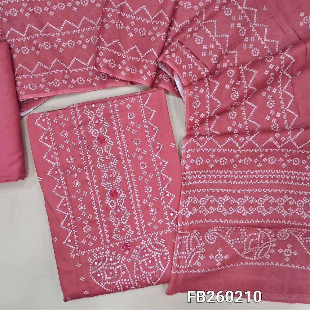 Bandhini printed Pink soft cotton unstitched salwar material (lining needed) thread, faux mirror work on front, matching spun cotton bottom, printed soft mul cotton dupatta(TAPING NEEDED) FB260210