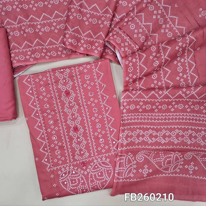 Bandhini printed Pink soft cotton unstitched salwar material (lining needed) thread, faux mirror work on front, matching spun cotton bottom, printed soft mul cotton dupatta(TAPING NEEDED) FB260210