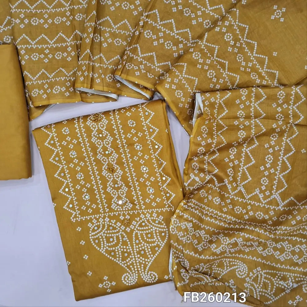 Bandhini printed mehandhi Yellow soft cotton unstitched salwar material (lining needed) thread, faux mirror work on front, matching spun cotton bottom, printed soft mul cotton dupatta(TAPING NEEDED) FB260213