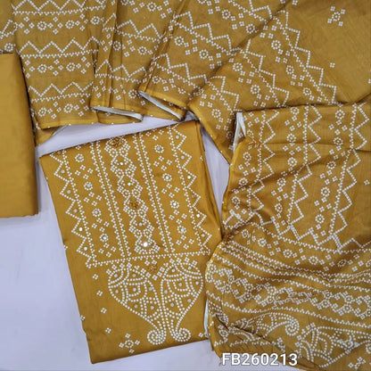 Bandhini printed mehandhi Yellow soft cotton unstitched salwar material (lining needed) thread, faux mirror work on front, matching spun cotton bottom, printed soft mul cotton dupatta(TAPING NEEDED) FB260213
