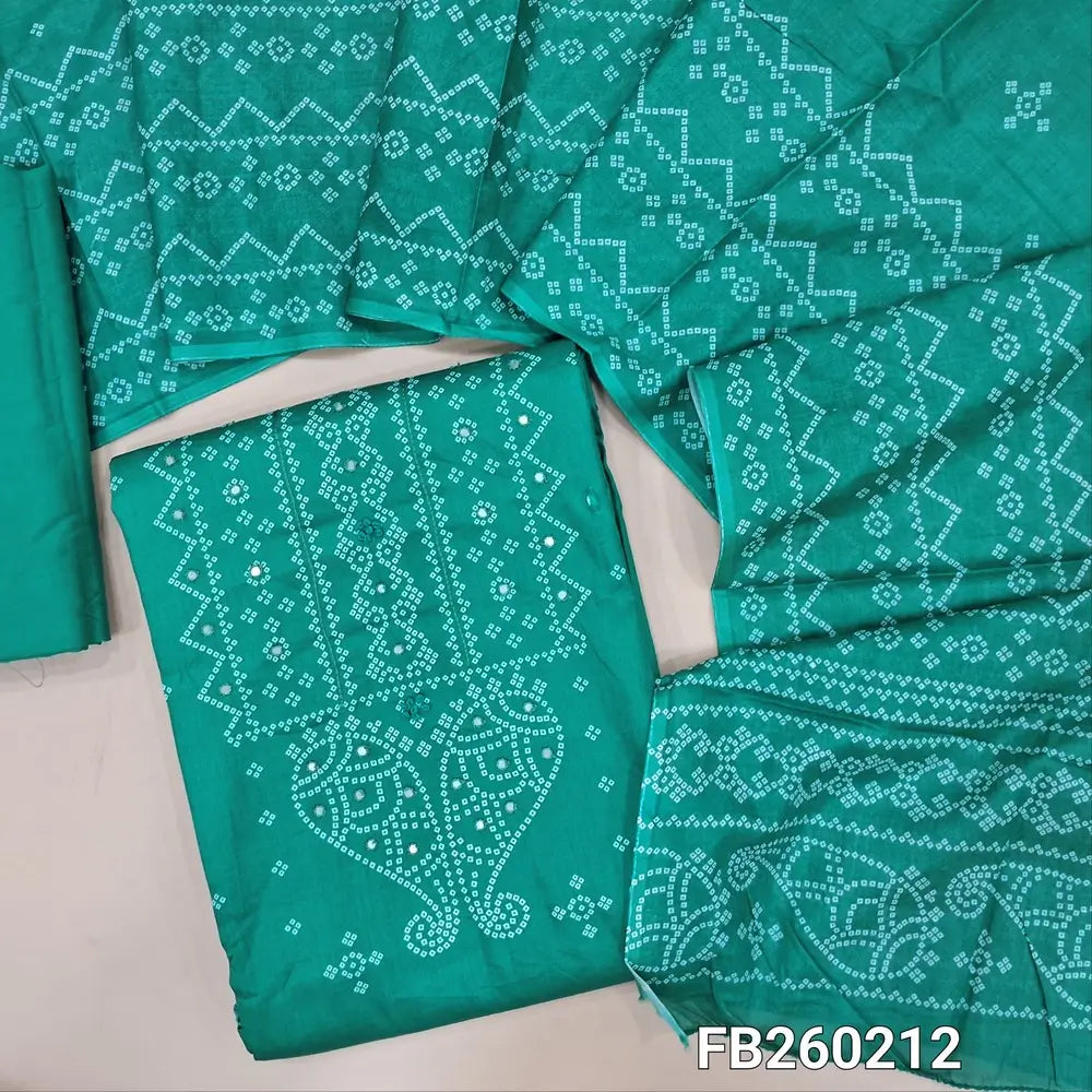 Bandhini printed turquoise Blue soft cotton unstitched salwar material (lining needed) thread, faux mirror work on front, matching spun cotton bottom, printed soft mul cotton dupatta(TAPING NEEDED) FB260212