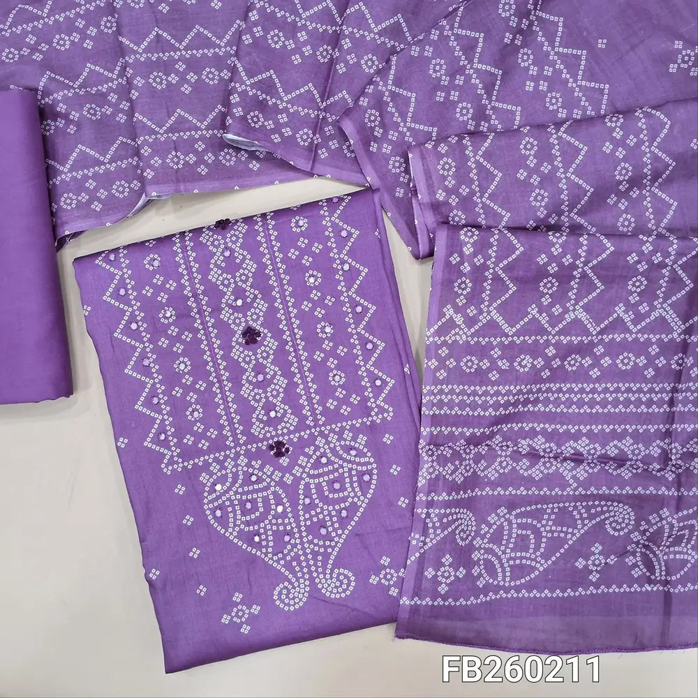 Bandhini printed light Purple soft cotton unstitched salwar material (lining needed) thread, faux mirror work on front, matching spun cotton bottom, printed soft mul cotton dupatta(TAPING NEEDED) FB260211