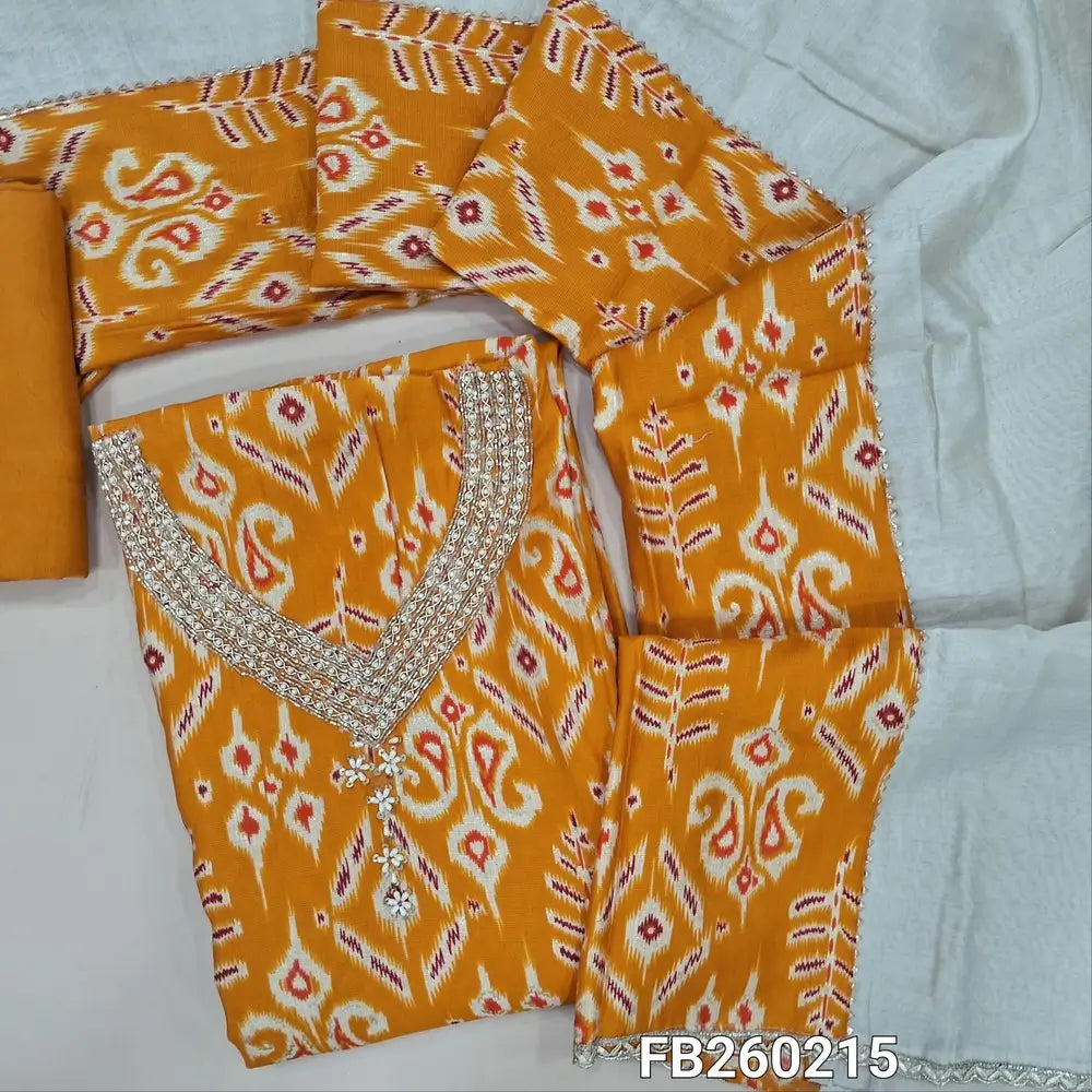Designer printed mehandhi Yellow liquid fabric unstitched salwar material (lining needed) zardozi, bead work on yoke, golden prints allover, matching santoon bottom, patch work on silk cotton dupatta with fancy lace tapings. Fb260215