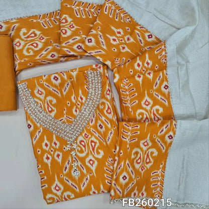Designer printed mehandhi Yellow liquid fabric unstitched salwar material (lining needed) zardozi, bead work on yoke, golden prints allover, matching santoon bottom, patch work on silk cotton dupatta with fancy lace tapings. Fb260215