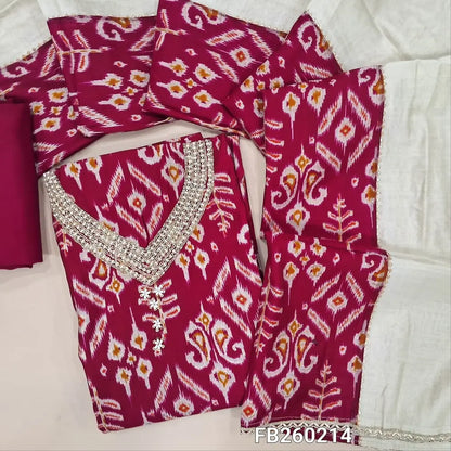 Designer printed dark Pink liquid fabric unstitched salwar material (lining needed) zardozi, bead work on yoke, golden prints allover, matching santoon bottom, patch work on silk cotton dupatta with fancy lace tapings. Fb260214