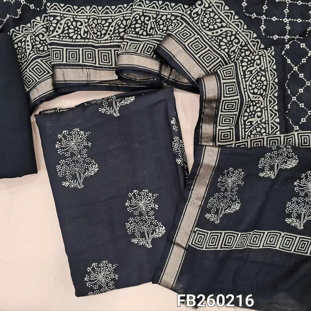 Floral printed Black premium silk cotton unstitched salwar material (lining needed) with zari woven borders on daman, matching cotton bottom, digital printed silk cotton dupatta(TAPING NEEDED). FB260216
