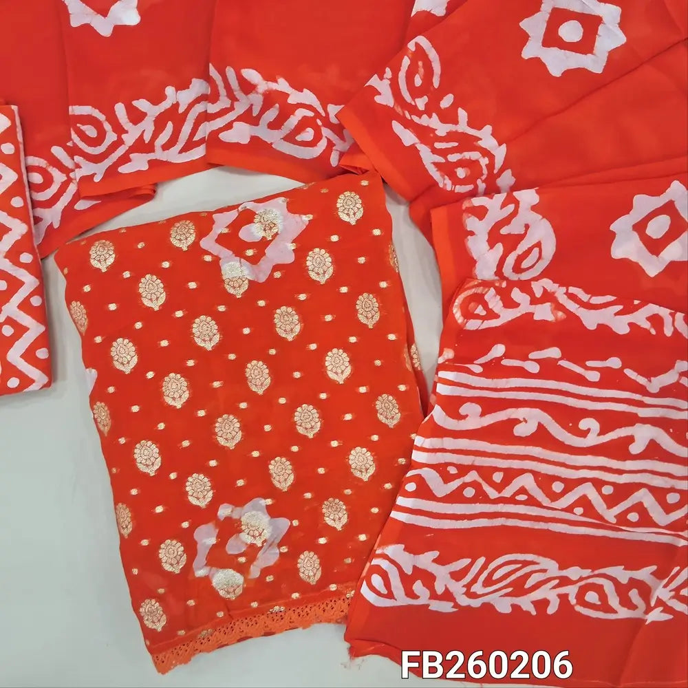 Batik dyed bright Orange benarasi georgette unstitched salwar material (flowy, lining needed) zari buttas allover, batik dyed santoon bottom, batik dyed crepe georgette full length dupatta(TAPING NEEDED)FB260206