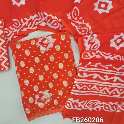 Batik dyed bright Orange benarasi georgette unstitched salwar material (flowy, lining needed) zari buttas allover, batik dyed santoon bottom, batik dyed crepe georgette full length dupatta(TAPING NEEDED)FB260206