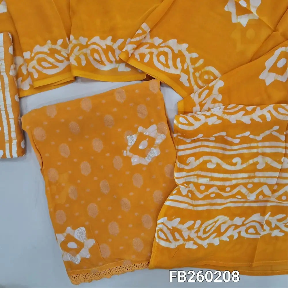 Batik dyed mehandhi Yellow benarasi georgette unstitched salwar material (flowy, lining needed) zari buttas allover, batik dyed santoon bottom, batik dyed crepe georgette full length dupatta(TAPING NEEDED)FB260208