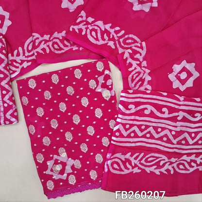 Batik dyed bright Pink benarasi georgette unstitched salwar material (flowy, lining needed) zari buttas allover, batik dyed santoon bottom, batik dyed crepe georgette full length dupatta(TAPING NEEDED)FB260207