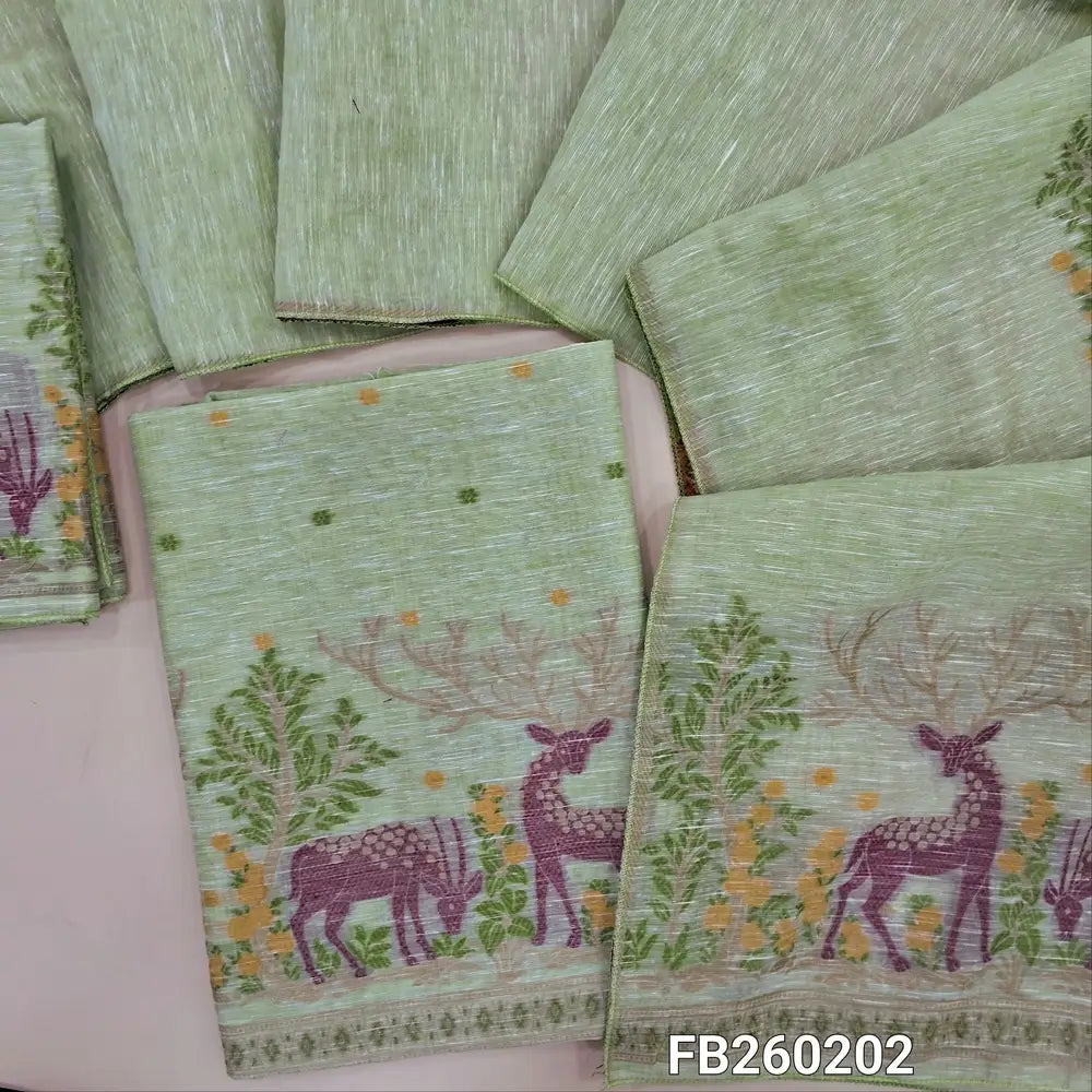 Designer jamdani woven sea Green premium linen unstitched salwar material (textured, lining needed) jamdani woven on daman,  jamdani woven linen bottom, jamdani woven premium linen dupatta. FB260202